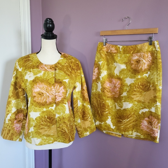Talbots Jackets & Blazers - NWOT Talbots Mustard & Pink Rose Woven Cotton Canvas 2 Piece Blazer Skirt Suit